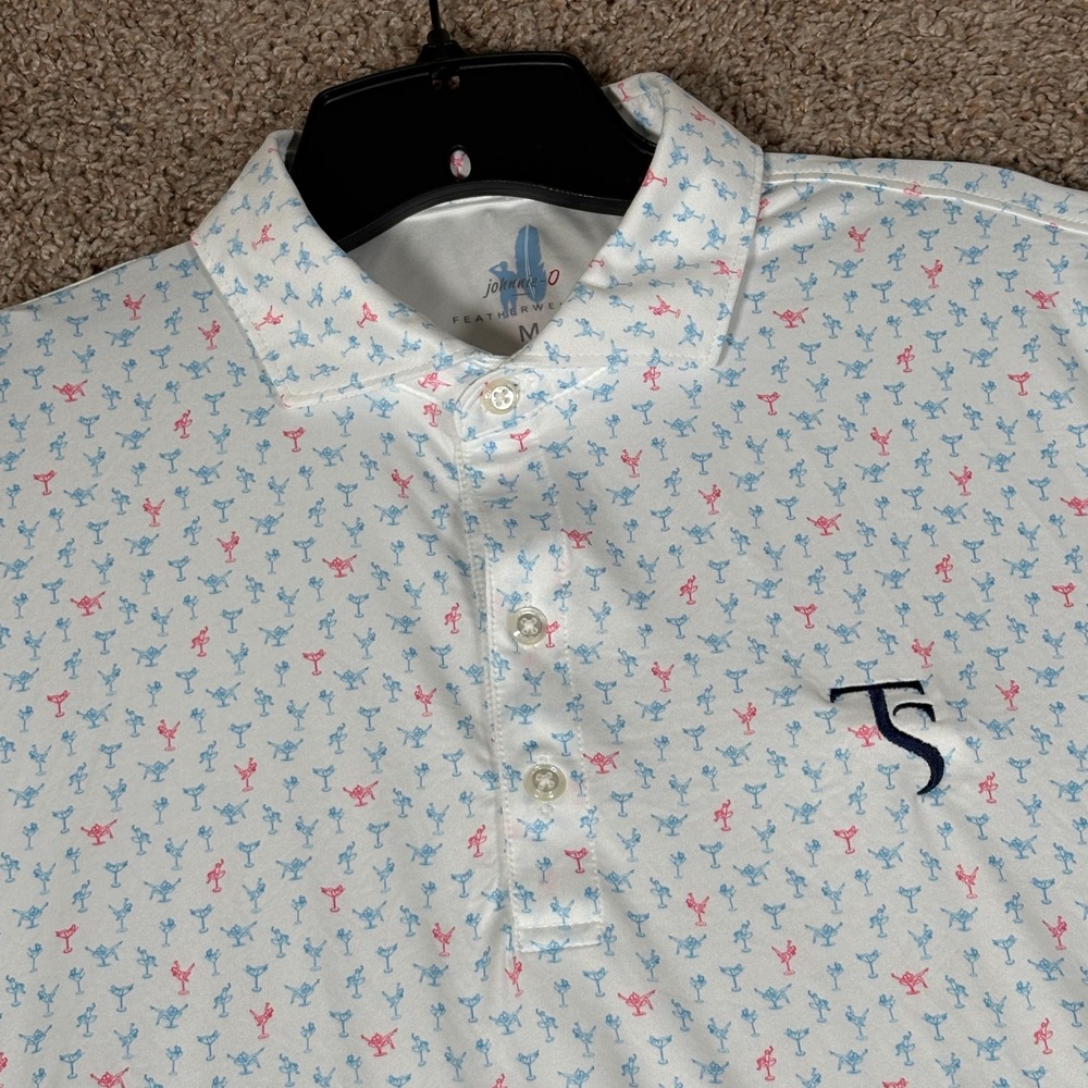 Johnnie-O Mens Featherweight Martini Print Golf Polo Shirt White Blue Pink M